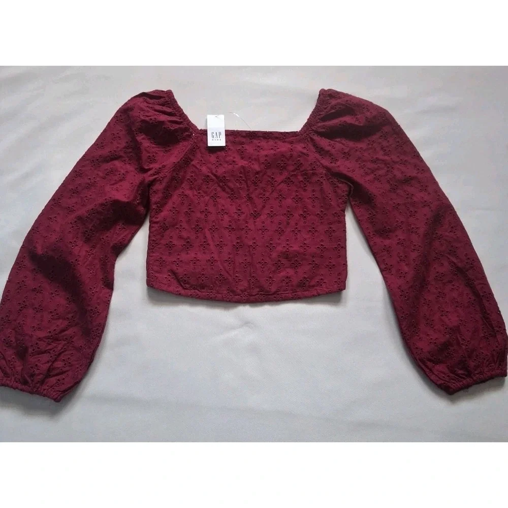 Gap Kids Beet Burgundy Cropped Shirt With Puff Sleeves Girls Medium